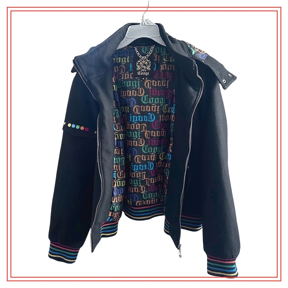 Coogi Black Wool Blend Bomber Jacket Colorful Logo Lining Faux Fur Hood Mens 3X